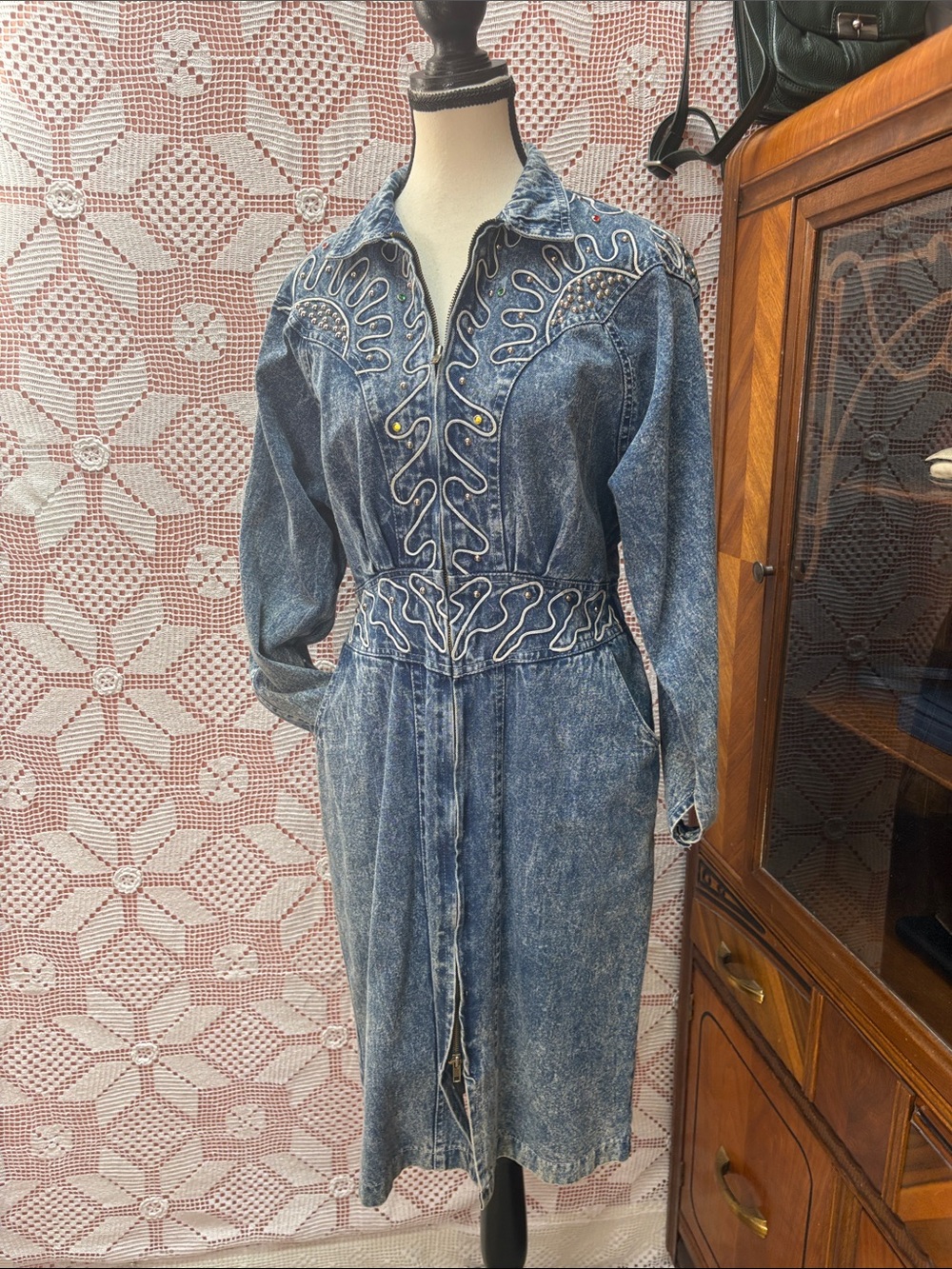 Vintage 1980s Western Acid-Wash Denim Dress